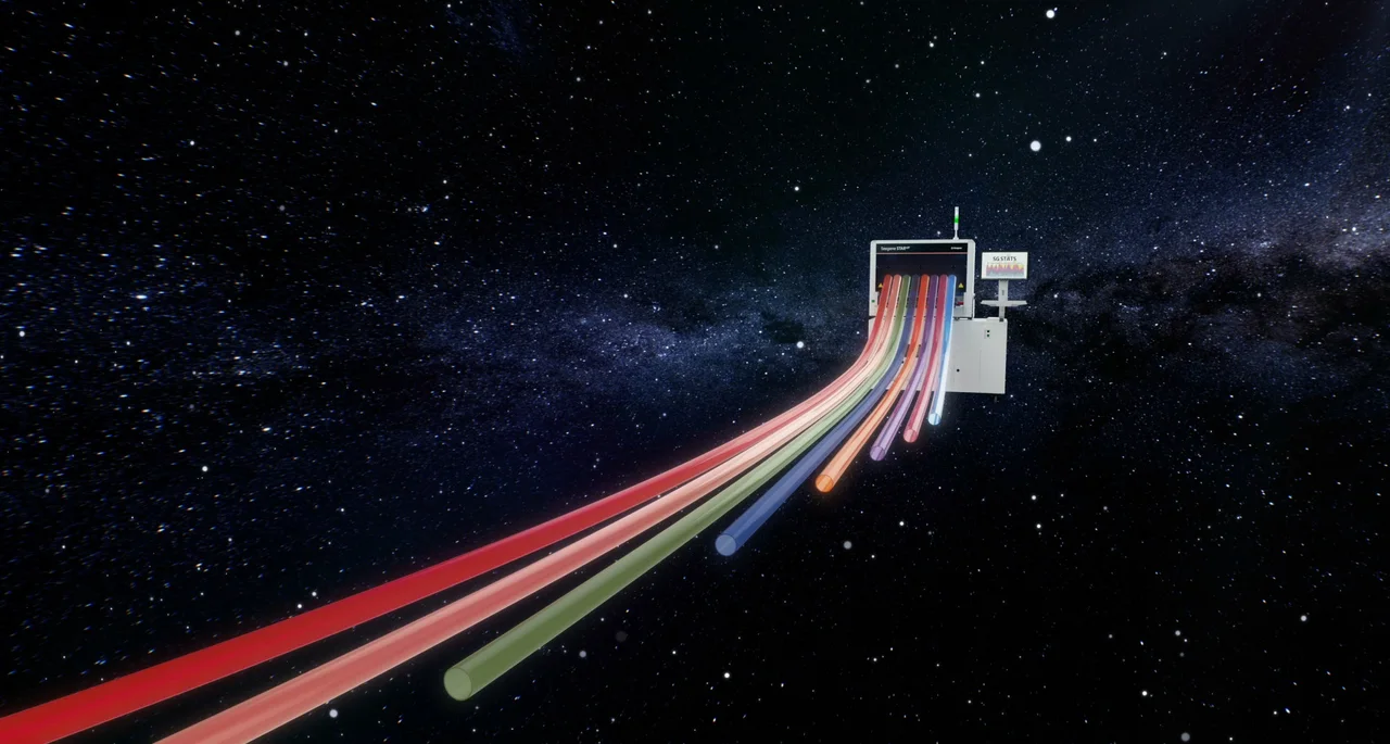 CG Seegene STAR automation instrument with a results monitor reading "SG STATS," receiving coloured sample-tube light-trails from across a starfield