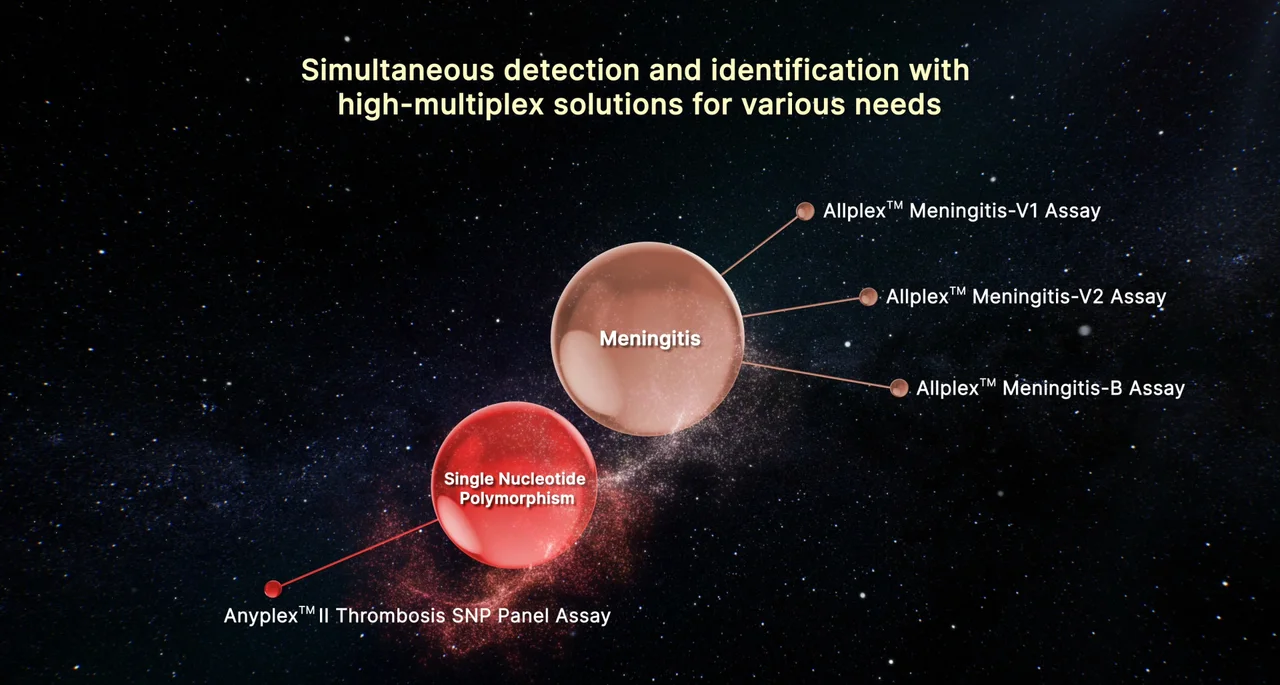 CG frame reading "Simultaneous detection and identification with high-multiplex solutions for various needs" with Meningitis and Single Nucleotide Polymorphism category nodes branching into named assays