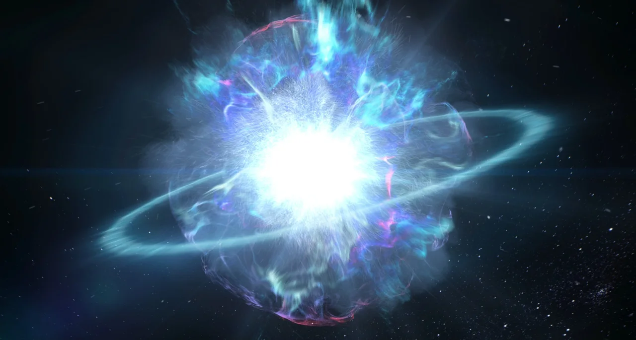 Abstract CG burst of blue and pink light energy with a thin ring passing through it, against a starfield