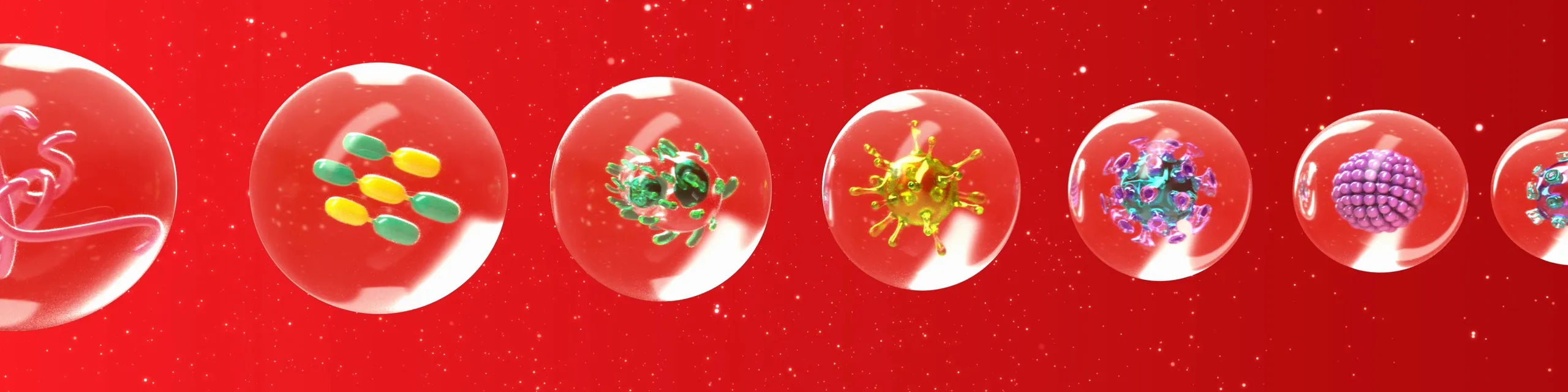 Panoramic strip of seven gold CG test tubes, each labelled with a target count and pathogen panel icons, over a starfield background