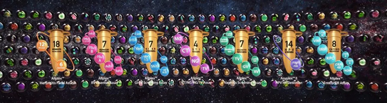 Row of translucent bubbles, each containing a differently coloured and textured pathogen or bacterial model, over a starfield background