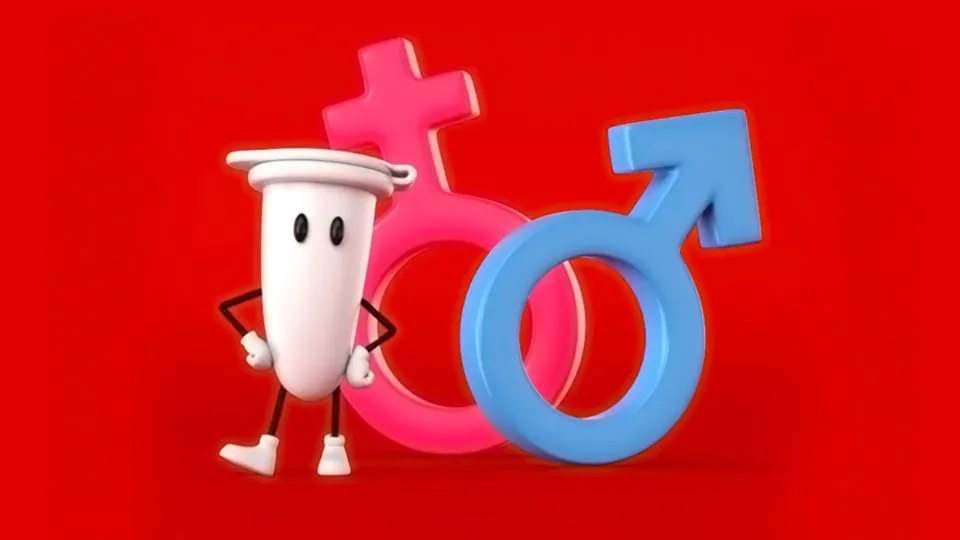 CG test-tube mascot with arms and legs standing beside pink female and blue male gender symbols on a red background
