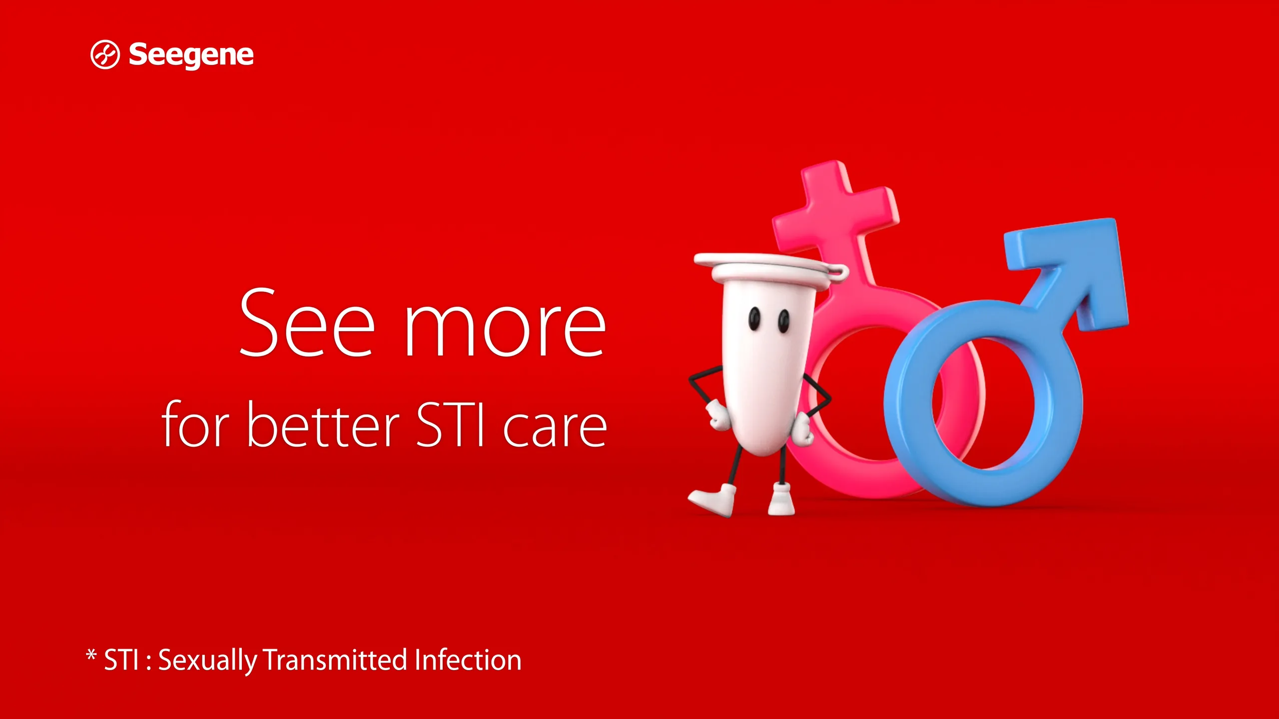 CG test-tube mascot with arms and legs standing beside female and male gender symbols, next to the headline "See more for better STI care"