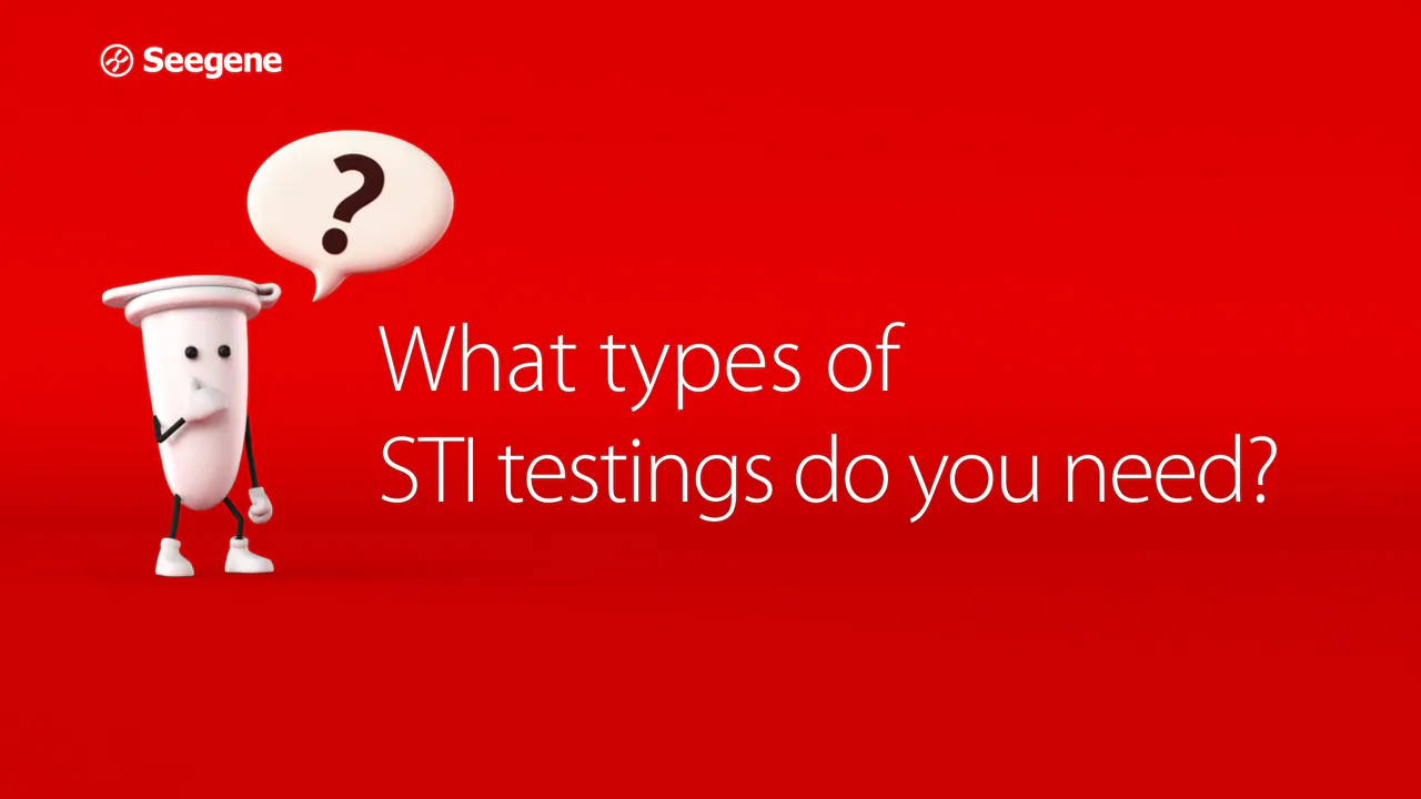 CG test-tube mascot with a raised hand and a speech bubble reading "What types of STI testings do you need?"