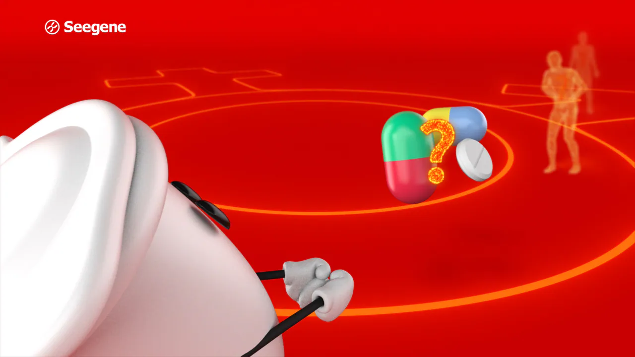CG test-tube mascot beside a question mark and a cluster of pill capsules, with faint human silhouettes in the background