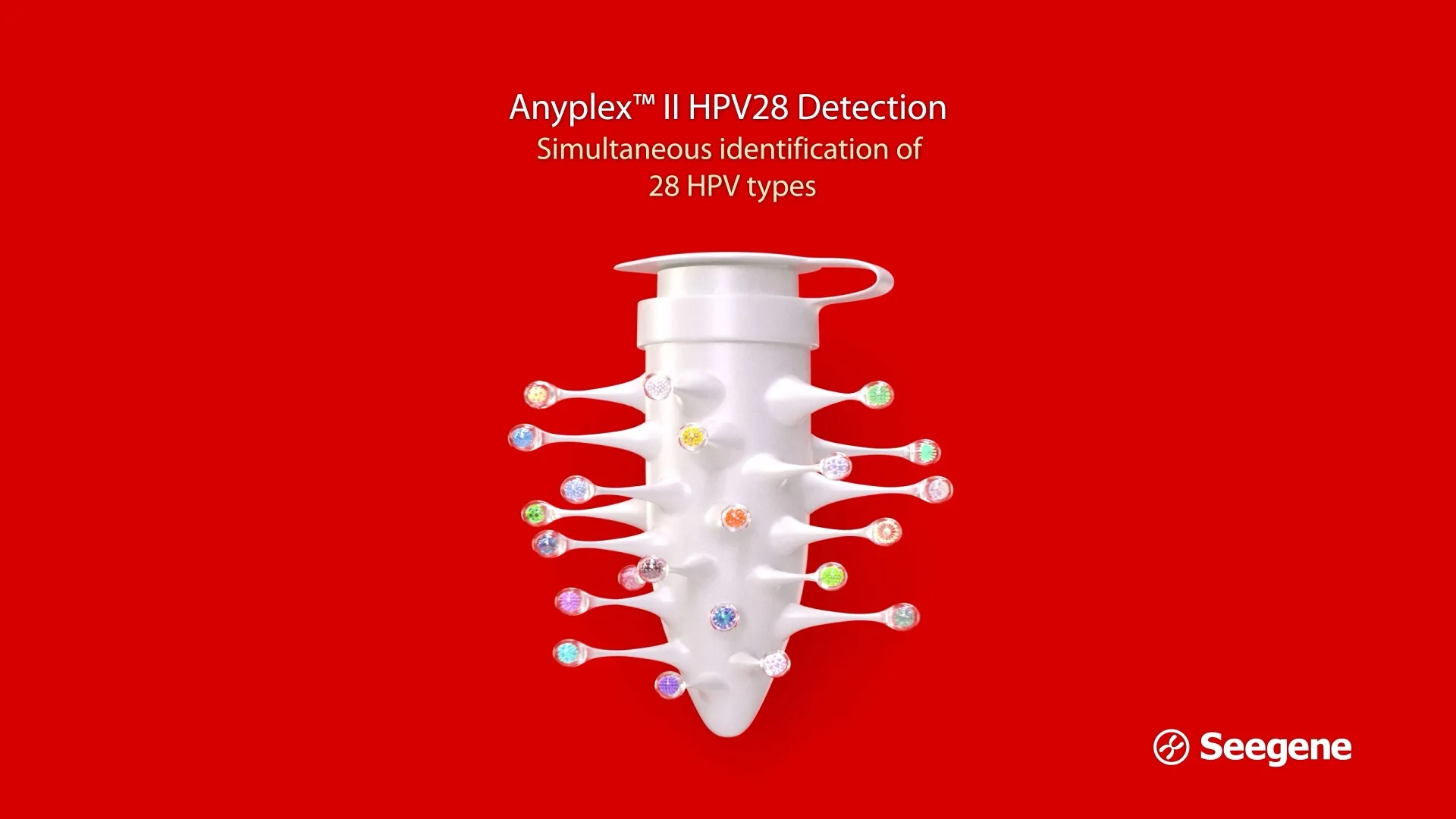 CG test tube labelled "Anyplex II HPV28 Detection — Simultaneous identification of 28 HPV types," decorated with colourful jewel-like markers along its sides