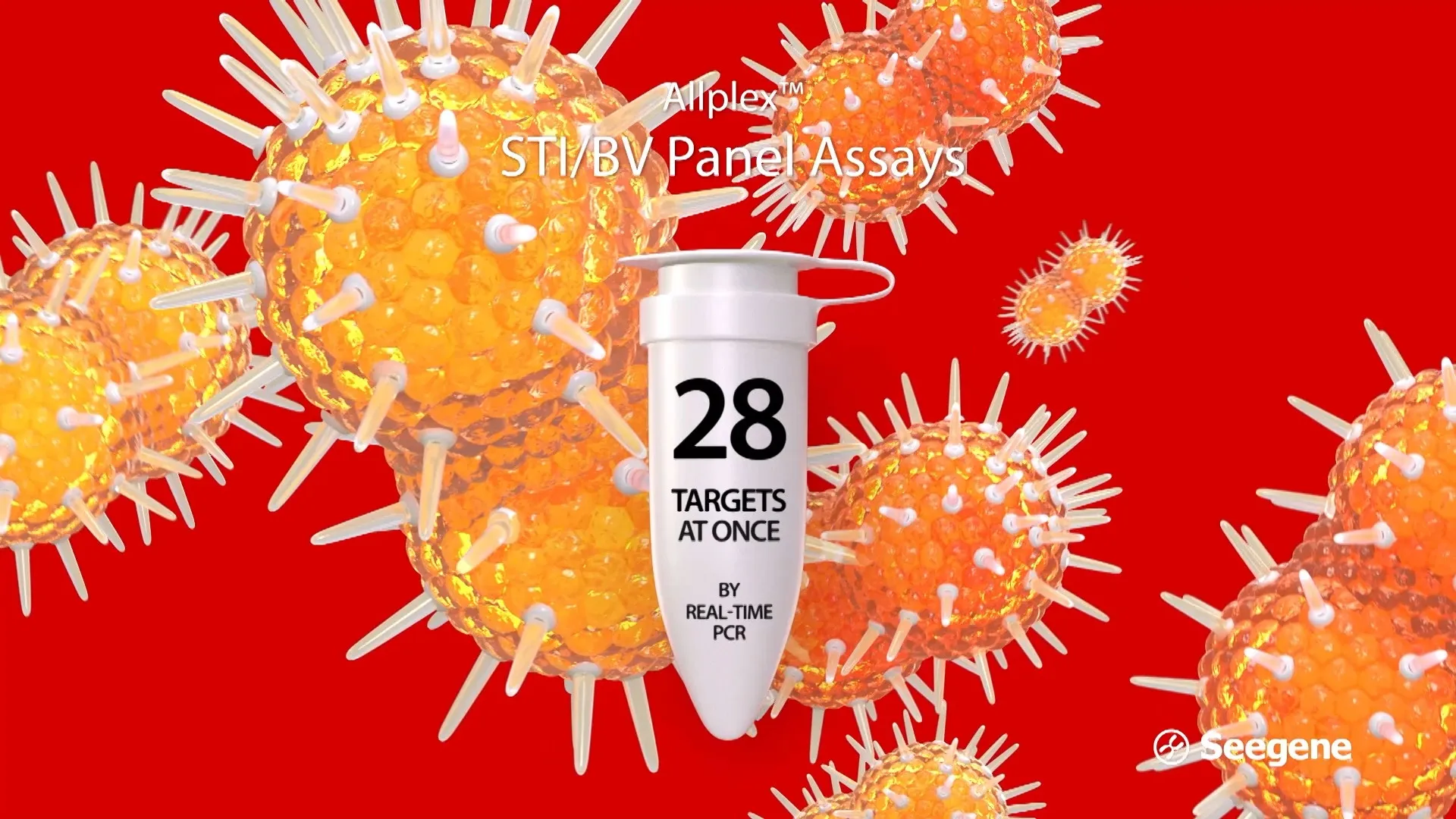 CG test tube labelled "28 targets at once, by real-time PCR" surrounded by textured orange spiked pathogen spheres, under the headline "Allplex STI/BV Panel Assays"