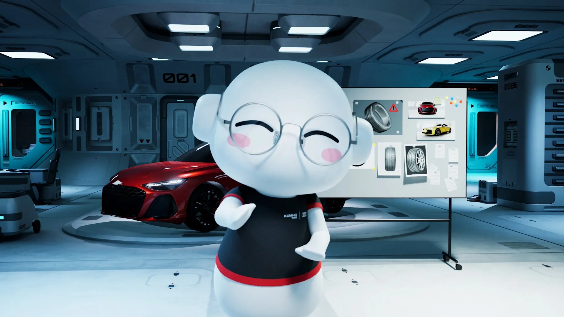CG mascot character standing in front of a sports car inside a futuristic sci-fi garage
