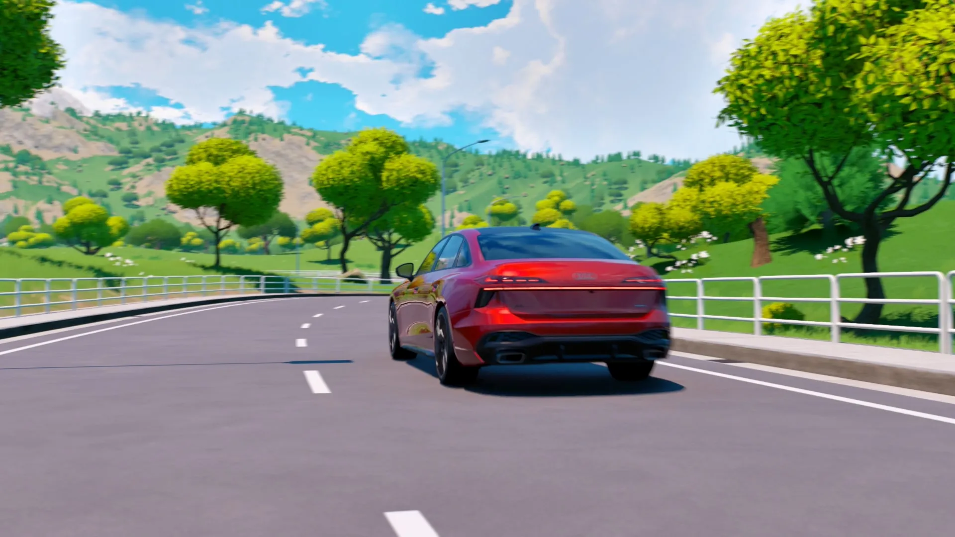 CG red sedan seen from behind, cornering on a highway through green hills under a blue sky