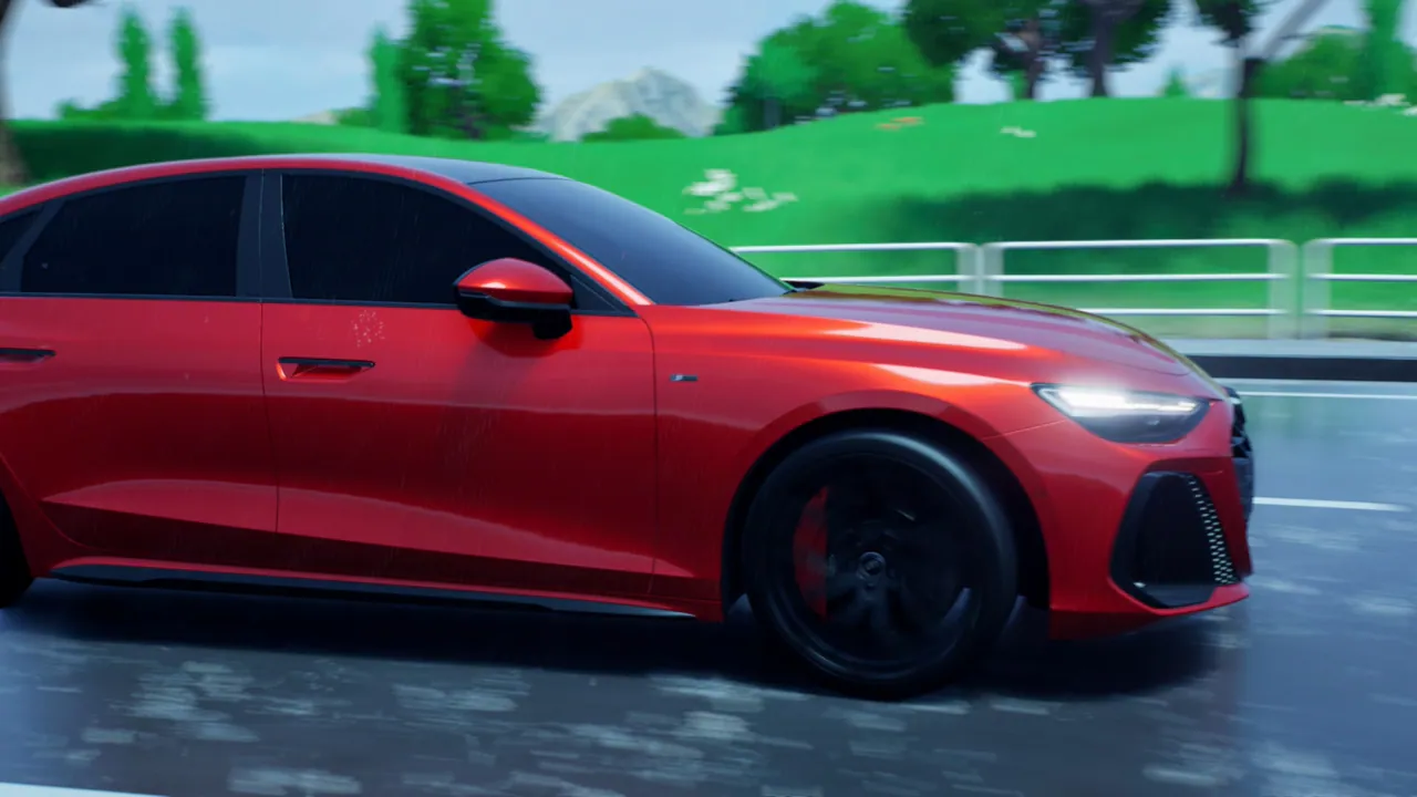CG red sedan in profile driving on a wet road in rain, headlights on, green hills behind