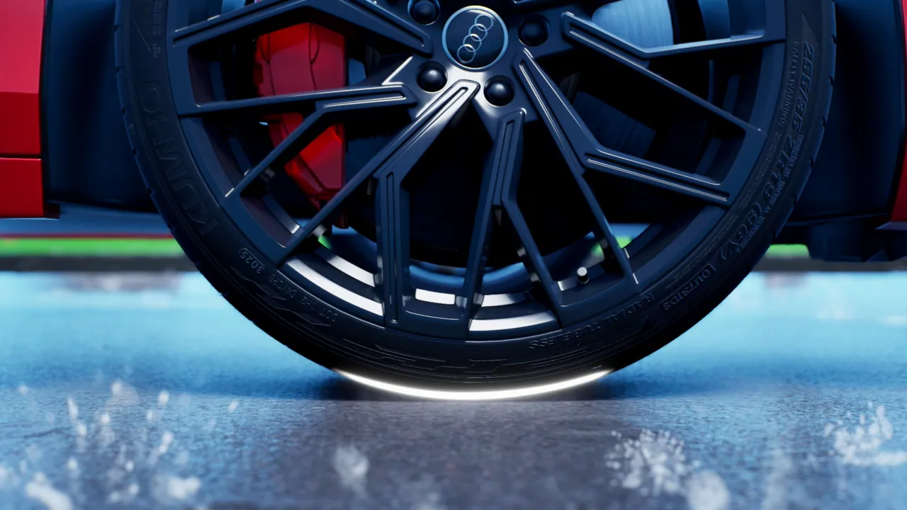 Low CG close-up of an alloy wheel and tyre with visible sidewall lettering and a red brake caliper behind, on a wet surface