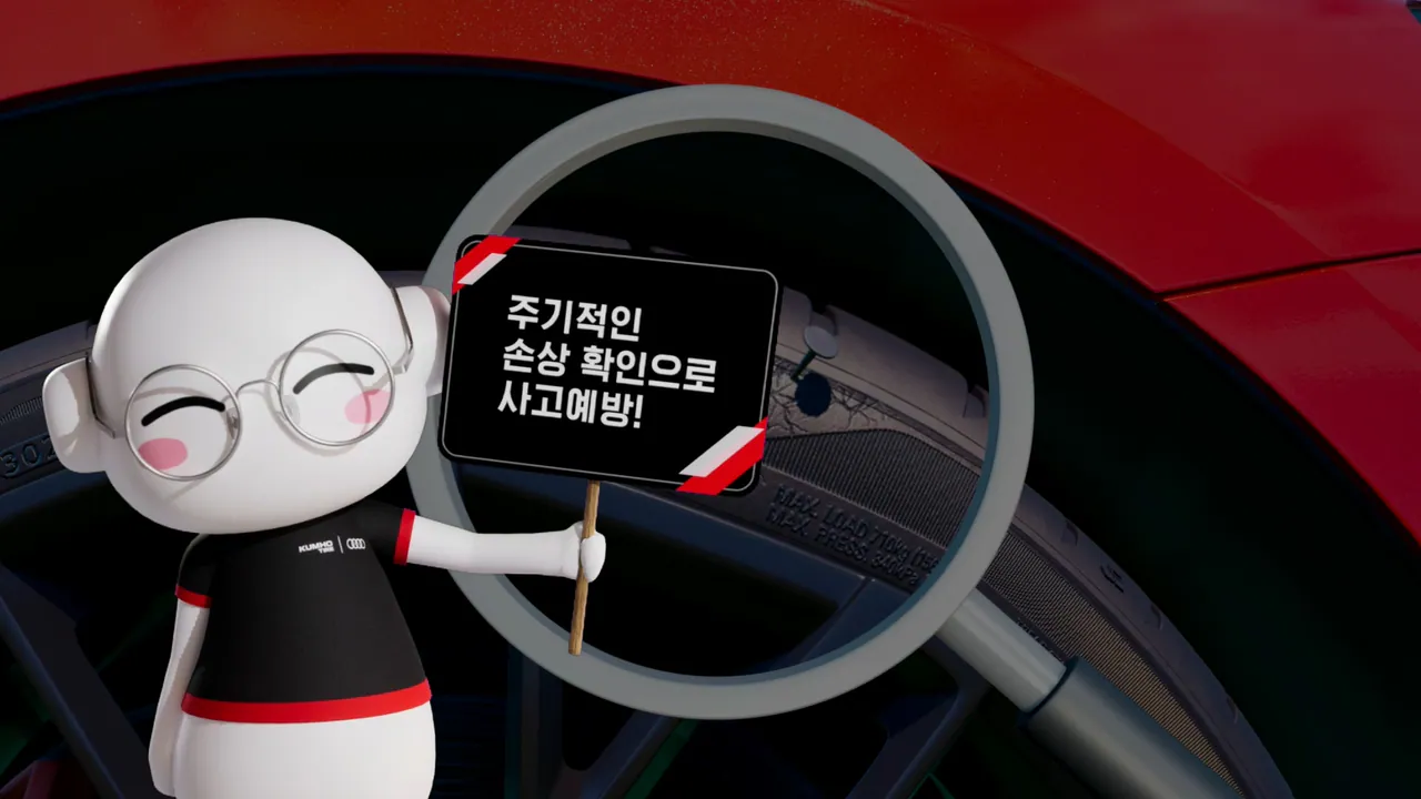 CG mascot Ttoro in a co-branded shirt holding a placard beside a magnifying glass enlarging a tyre tread, checking for damage