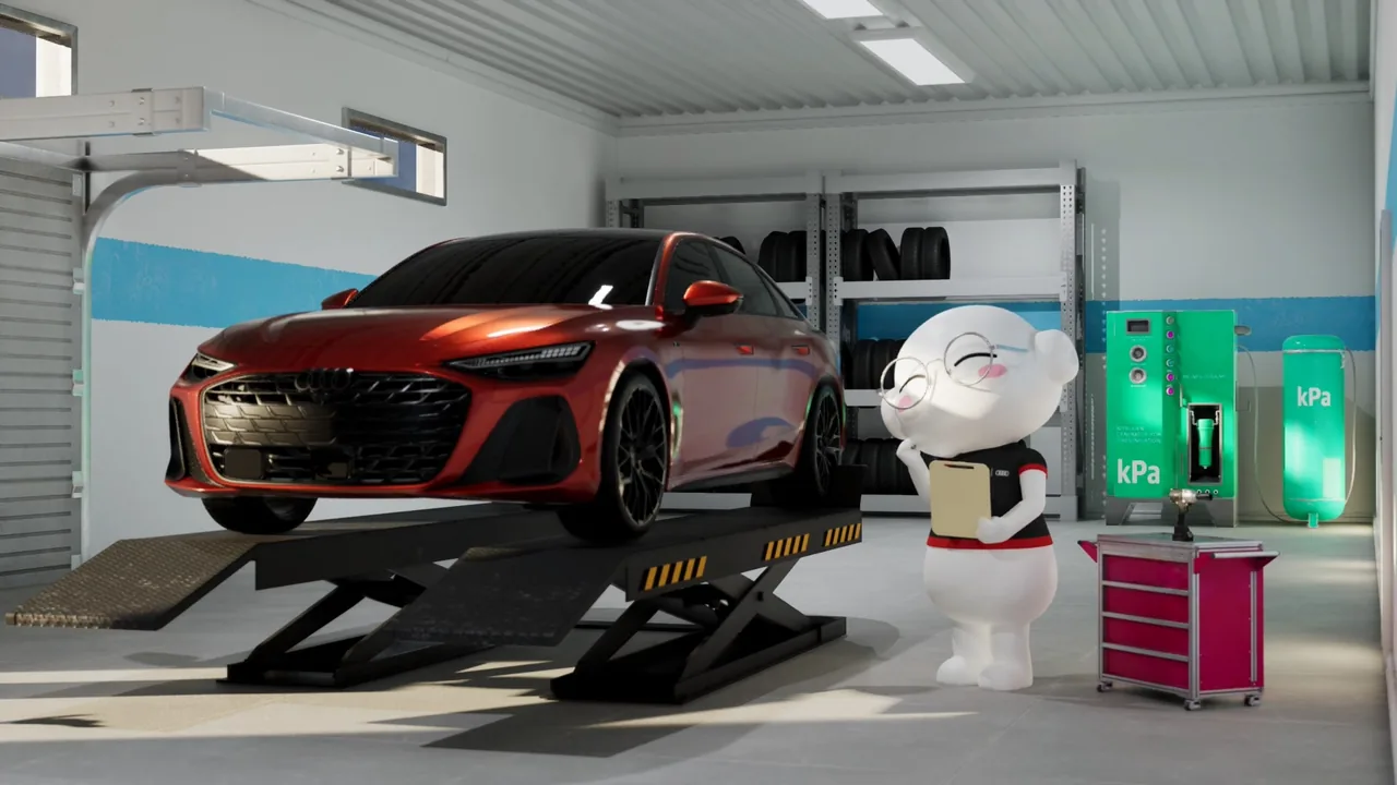 CG mascot Ttoro checking a clipboard beside a tyre-pressure air station in a garage, with an Audi on a lift behind him