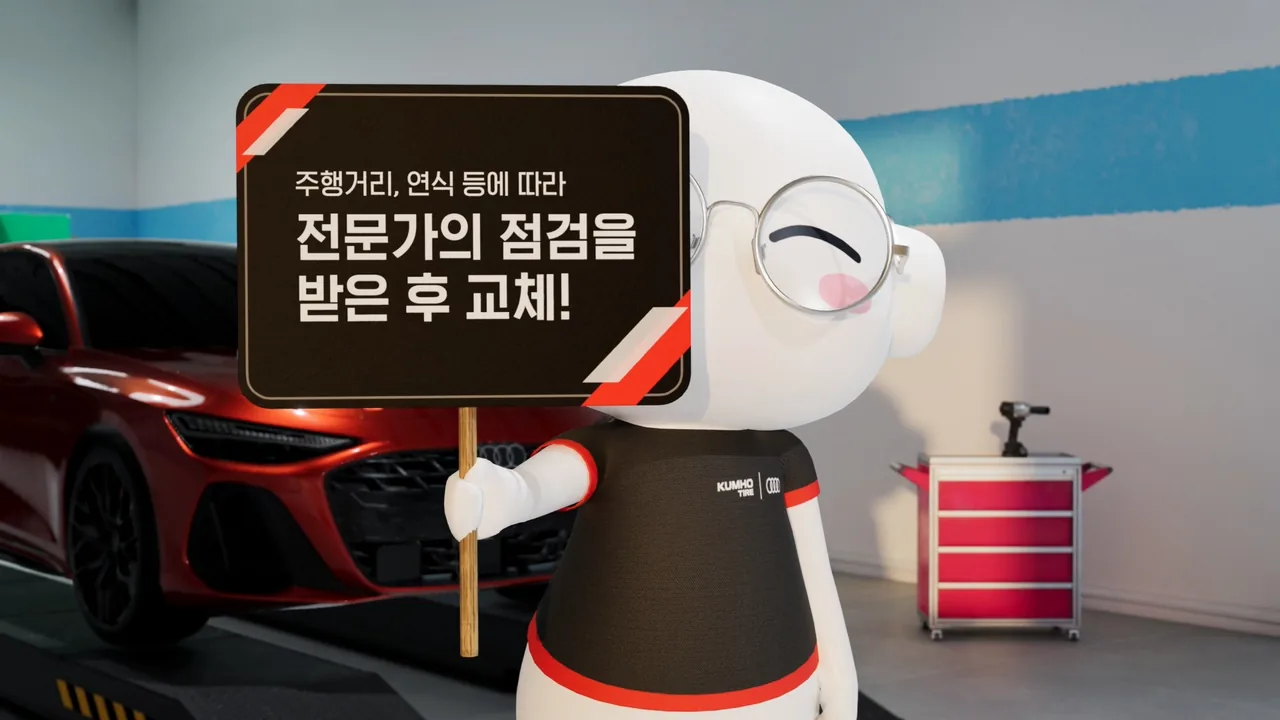 CG mascot Ttoro in a garage holding a placard advising a tyre inspection and replacement, beside a red Audi