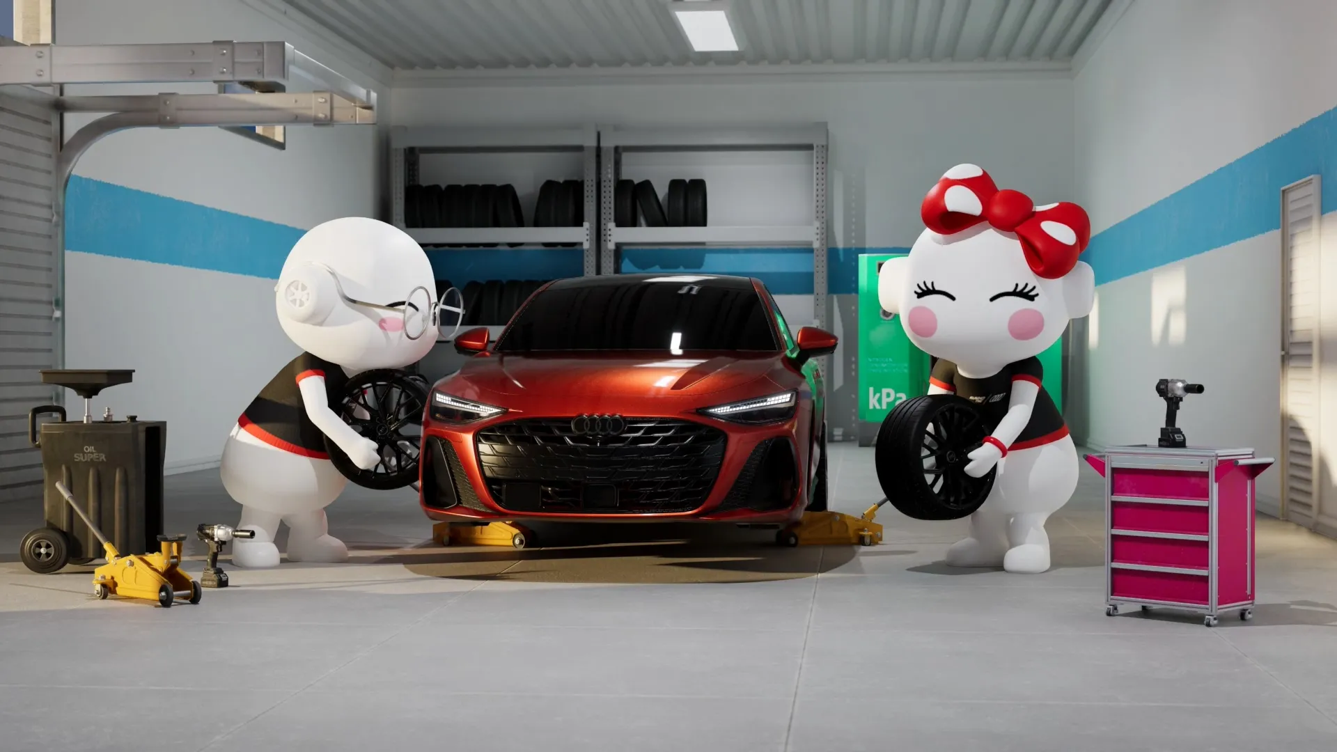 CG mascots Ttoro and Roro standing on either side of an Audi in a garage, each holding a tyre