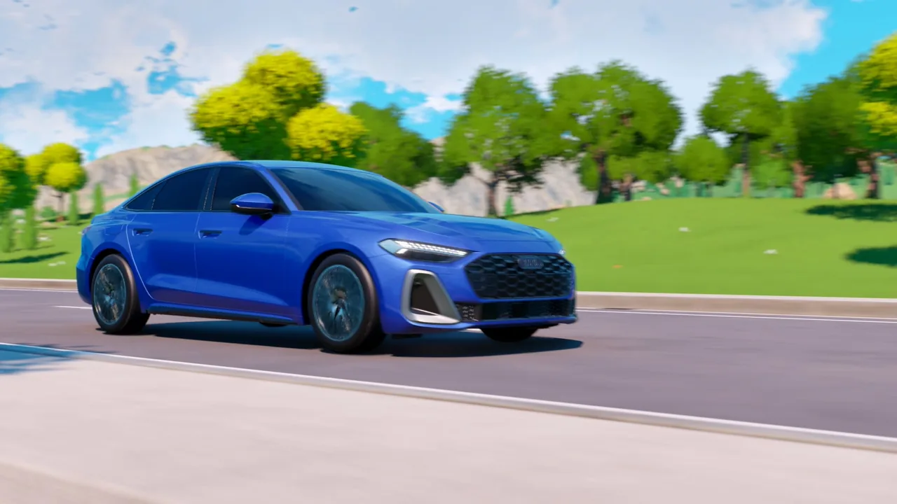 CG blue Audi sedan driving on a road past green trees and hills