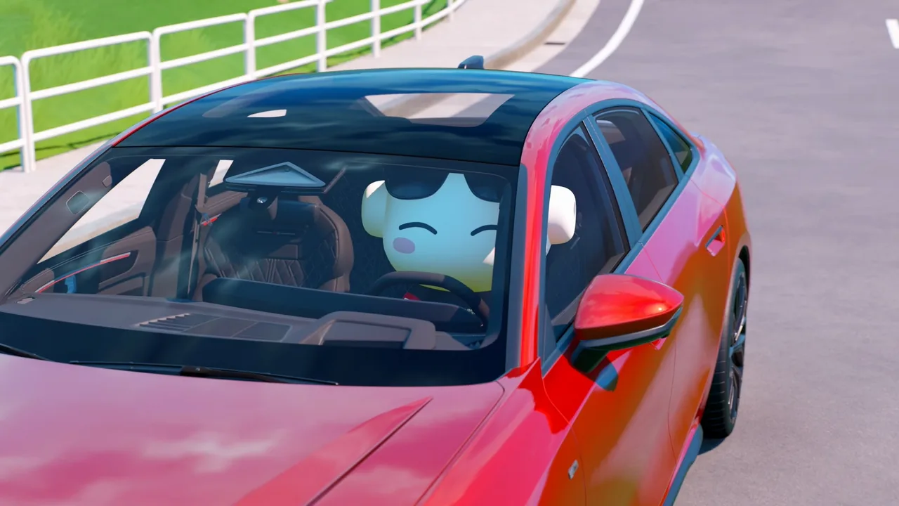 CG mascot Roro, wearing sunglasses, driving a red Audi