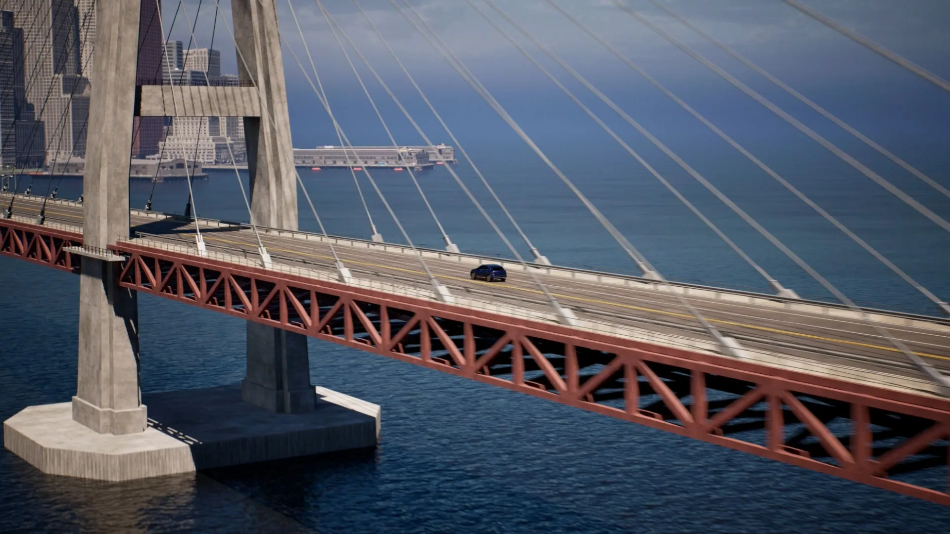 CG aerial view of a cable-stayed bridge crossing open water toward a city skyline, with a single car on the deck