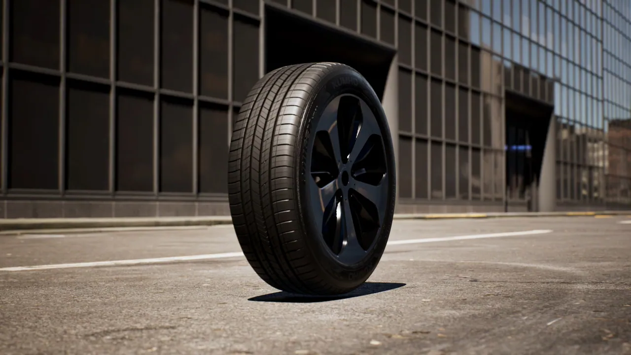 CG tyre mounted on a black alloy wheel standing upright on an urban road in daylight, with a glass building behind