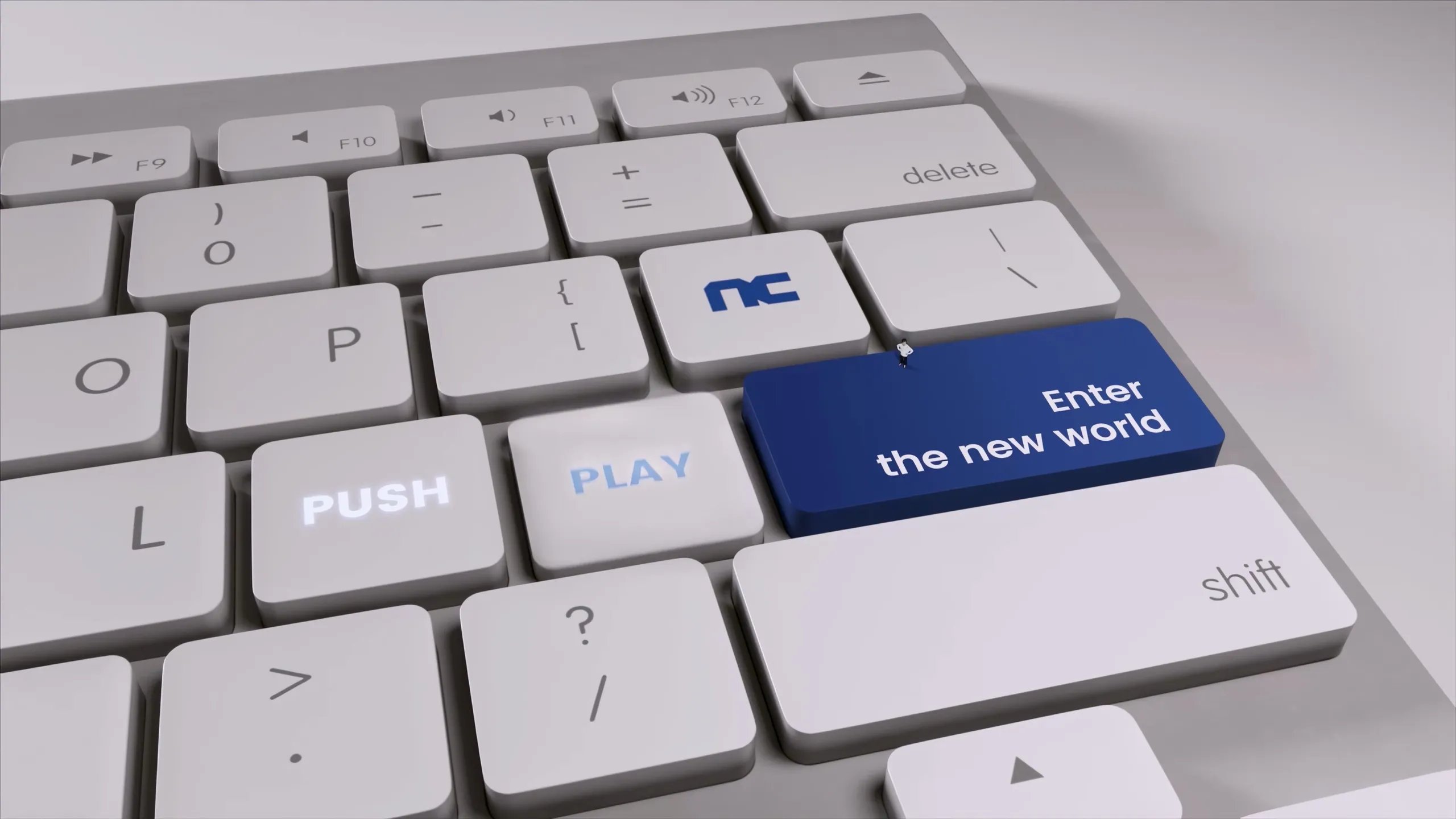 CG close-up of a computer keyboard with an NC-branded key reading "Enter the new world" beside the "PUSH" and "PLAY" keys