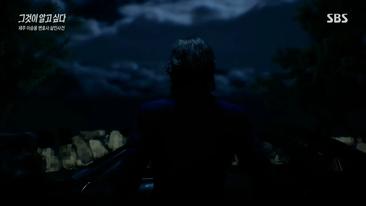 Dark night reconstruction frame showing a figure from behind beside a vehicle, with the programme’s on-screen title graphics