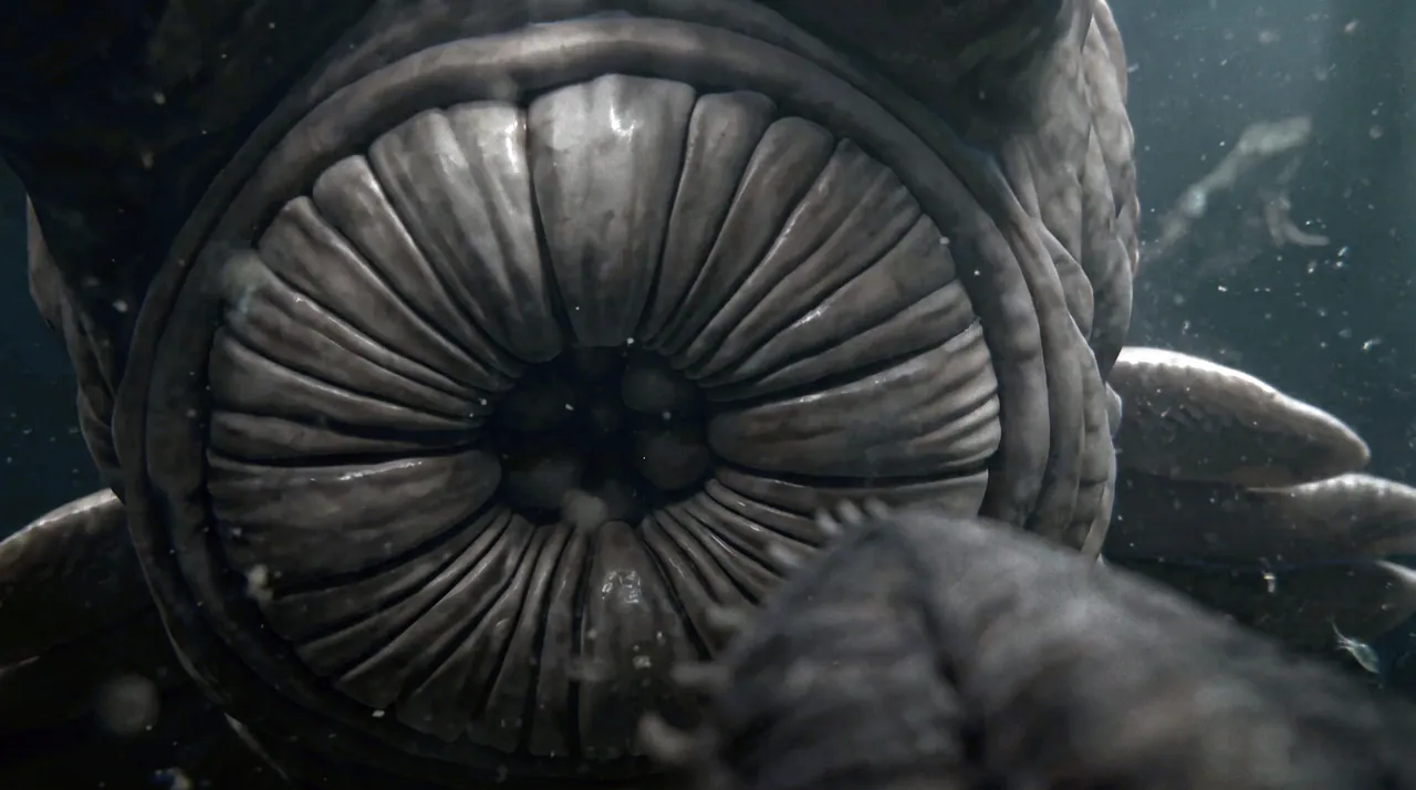 Extreme close-up of the circular, plated mouth of a CG Anomalocaris in dark water