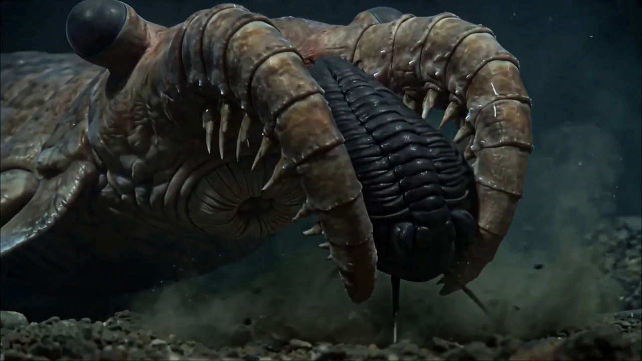 CG Anomalocaris gripping a trilobite in its clawed limbs, close-up underwater