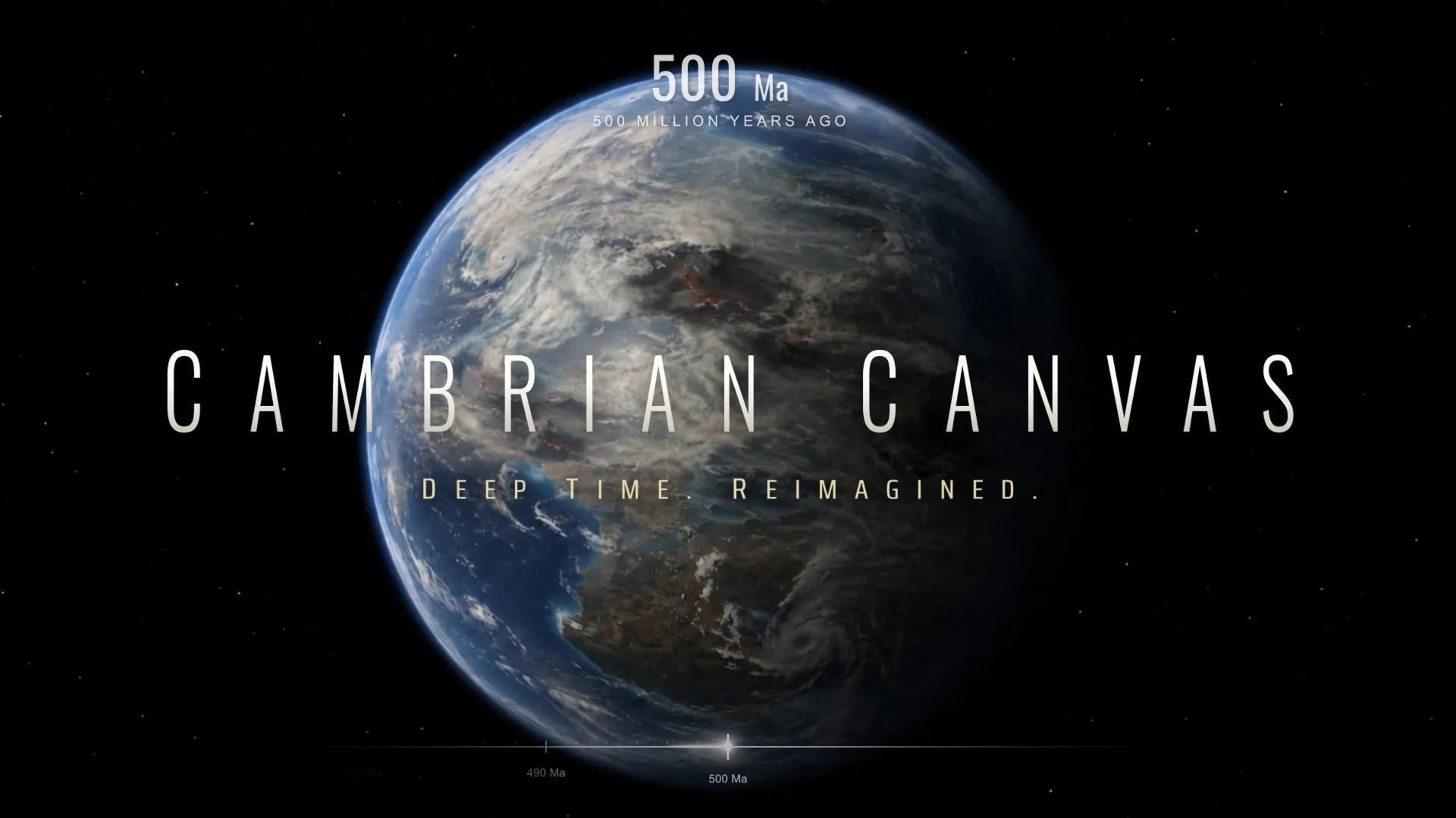 Title card reading "Cambrian Canvas — Deep Time. Reimagined." over an image of Earth from space, labeled 500 million years ago