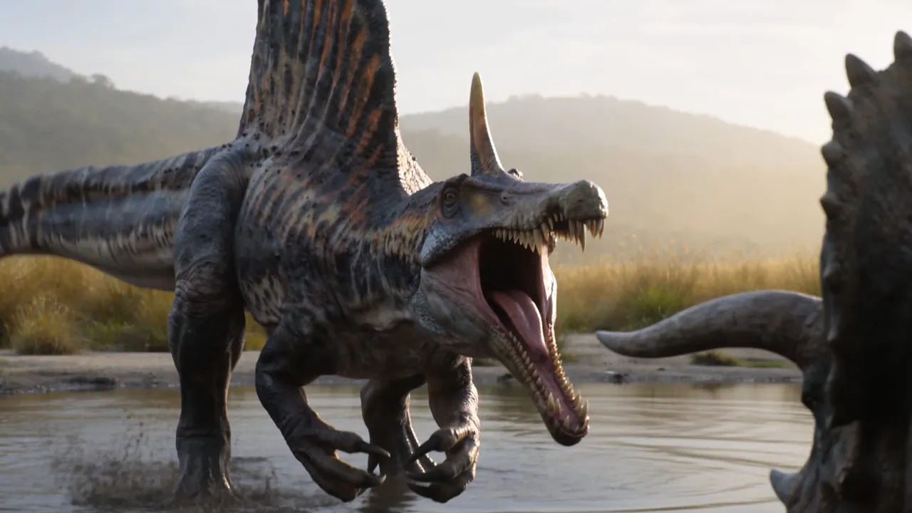 CG Spinosaurus roaring in shallow water at dawn, with a Triceratops frill entering the frame