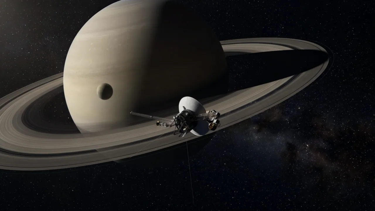 CG ring-lit spacecraft passing Saturn, with a moon crossing the planet and the Milky Way behind