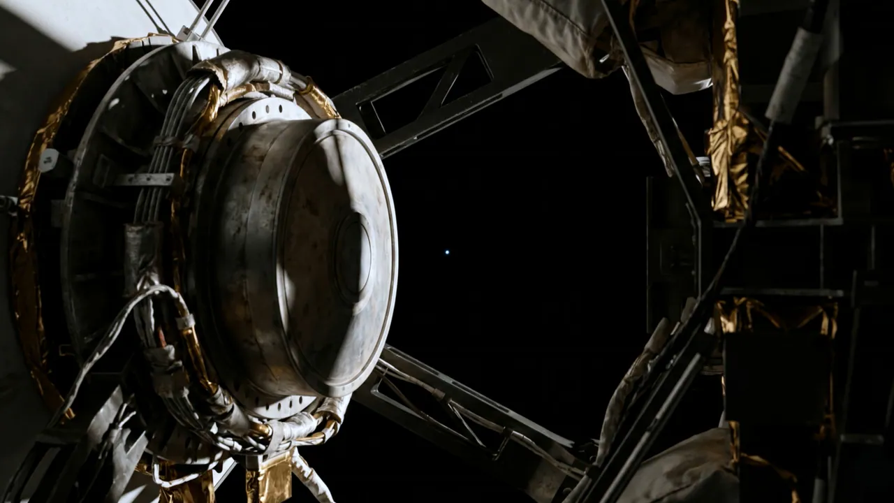 CG close-up of a deep-space probe’s antenna dish and gold foil insulation, a tiny blue Earth visible in the dark beyond