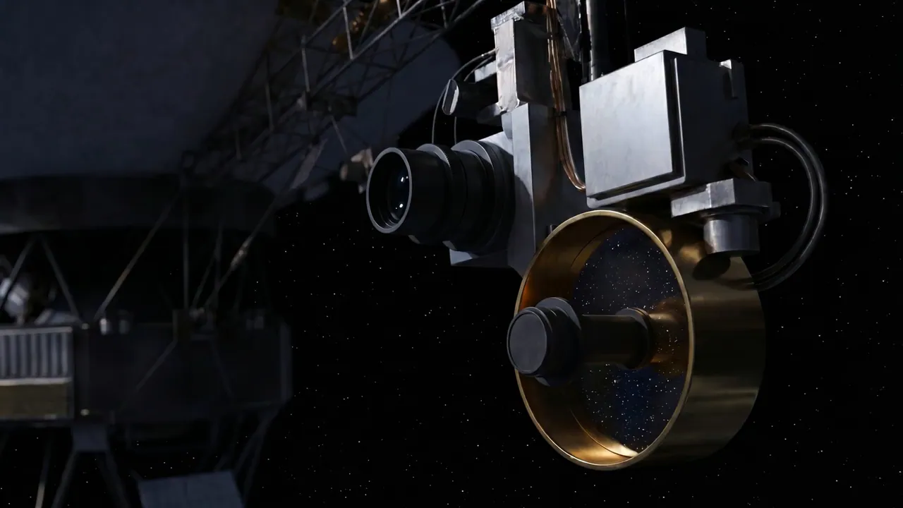 CG close-up of a probe’s golden record and camera assembly against a starfield