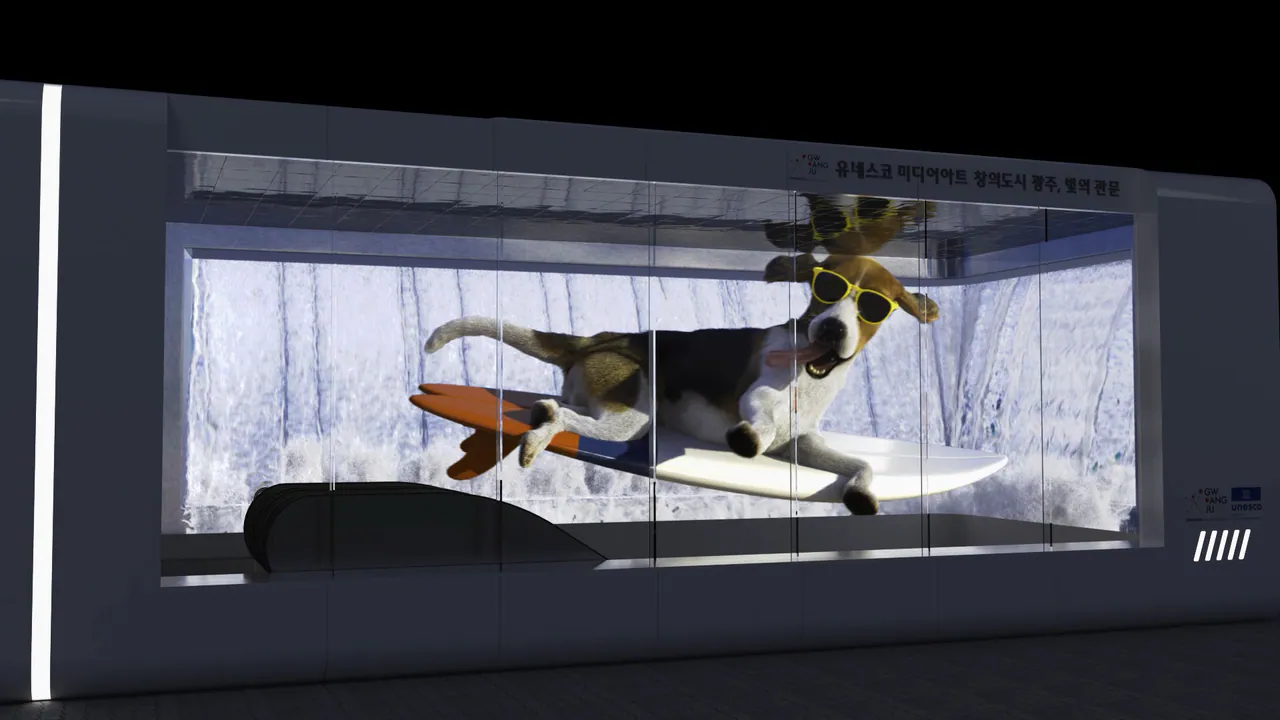 Inside the recessed media-wall opening, a CG beagle in yellow sunglasses surfs a white-and-orange board through breaking water, tongue out and ears blown back