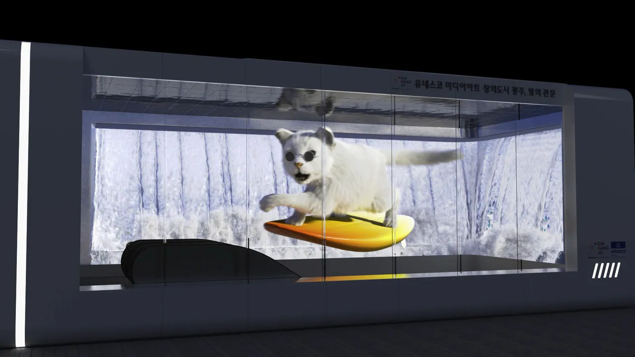 Inside the recessed media-wall opening, a CG white cat with round glasses rides a yellow surfboard through breaking water, wide-eyed and airborne
