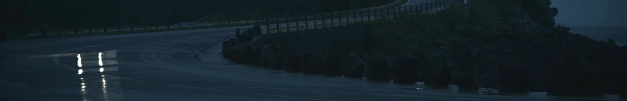 Wet night road along a rocky coastline, with a car’s headlights approaching in the distance