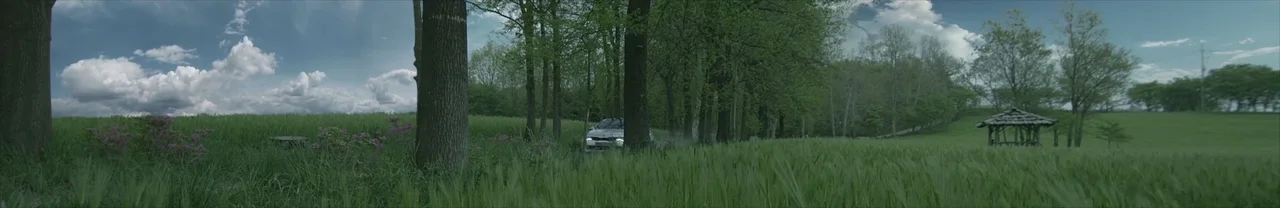 Wide green field lined with tall trees under a blue sky with white clouds, a white car parked among the trees