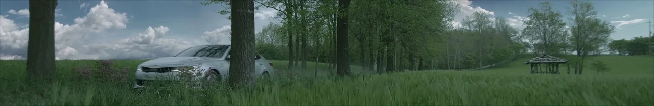 White Kia sedan parked among tall trees in a green field, seen closer than the wider establishing shot