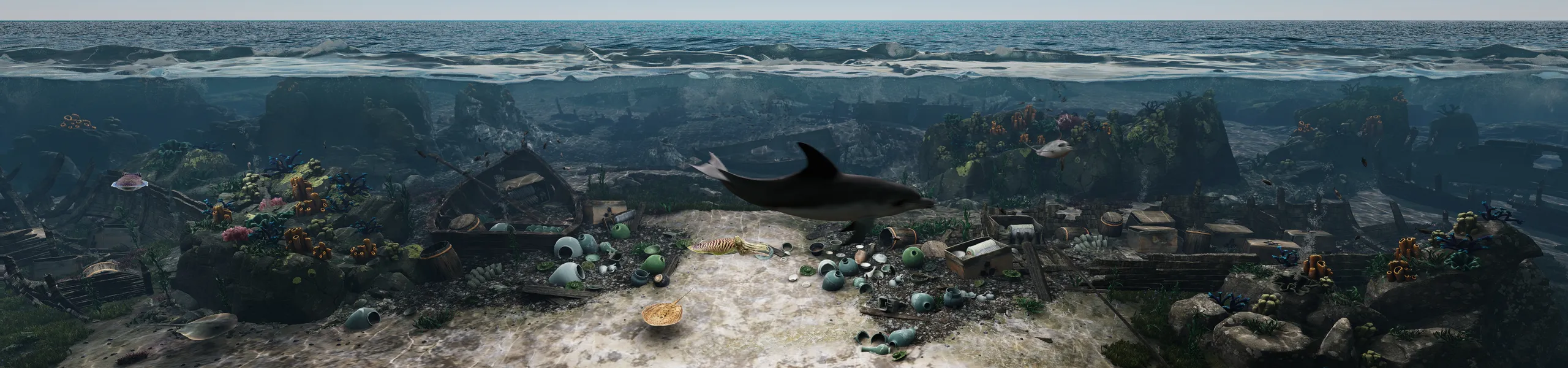 CG undersea scene of a shipwreck seabed scattered with ceramic relics, coral growth, and a dolphin swimming past — chapter three