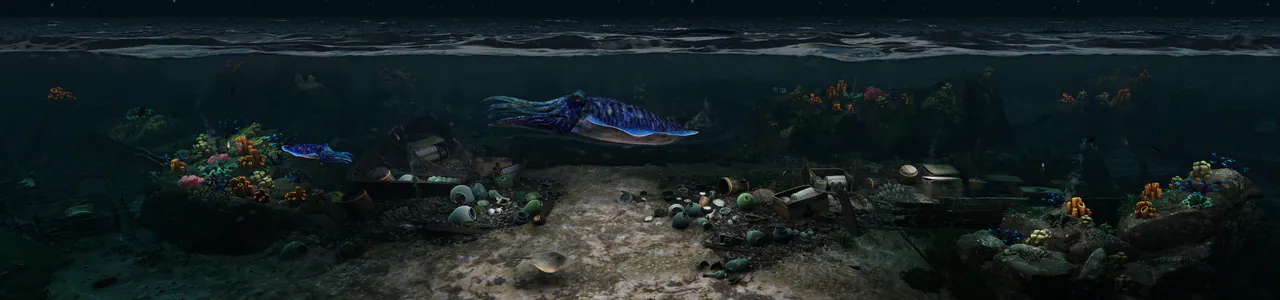 CG undersea scene of the same shipwreck seabed at night, with a bioluminescent cuttlefish swimming past ceramic relics