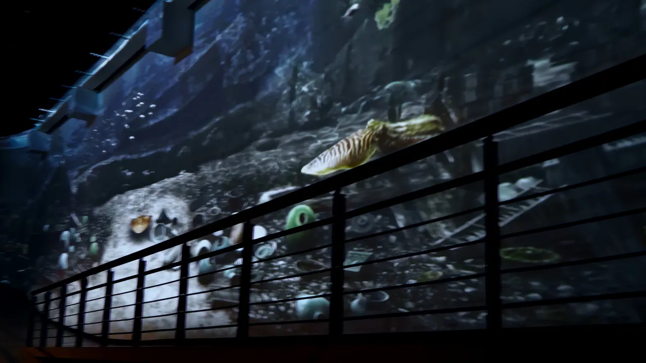 Large angled projection wall showing an underwater seabed scene with a cuttlefish, viewed past a visitor railing in a darkened exhibition hall