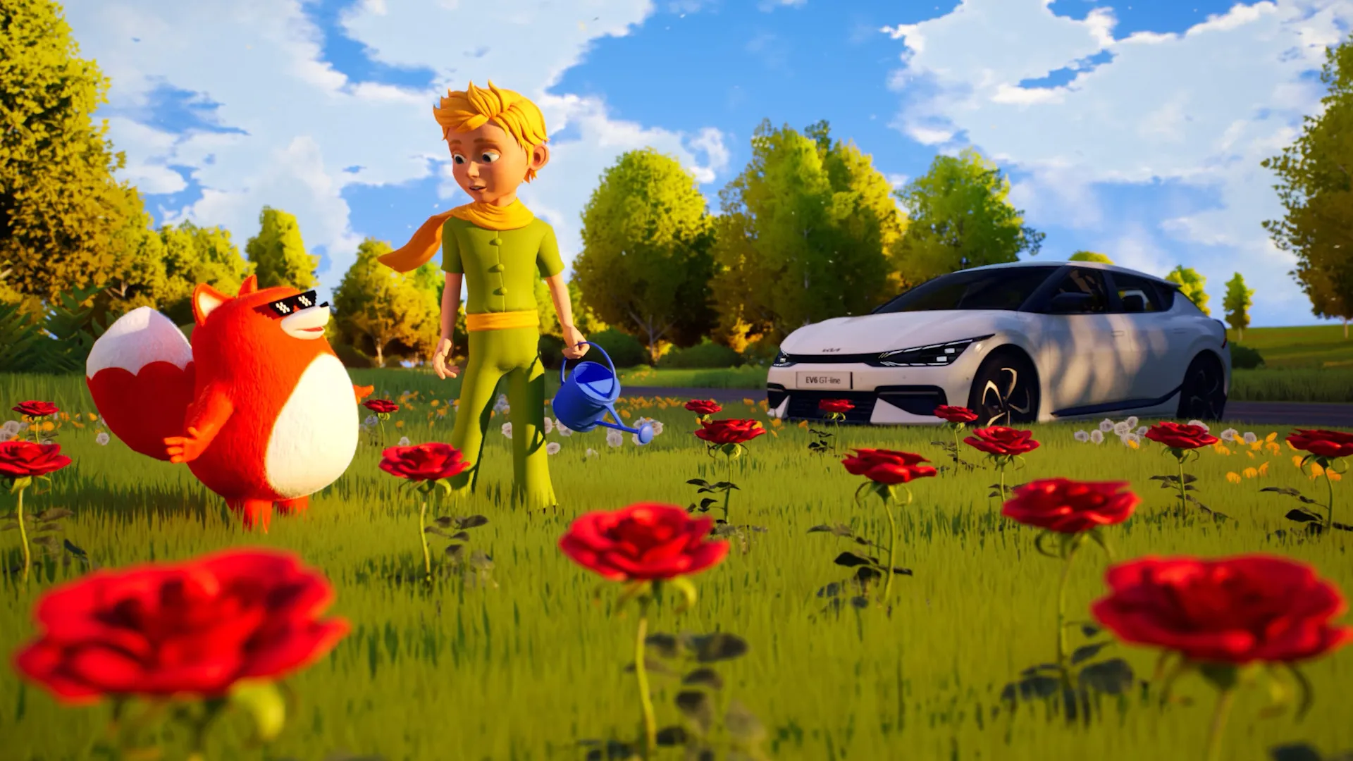 CG scene of the Little Prince and an orange fox character in a meadow of red roses, with a white Kia EV6 parked on the road behind