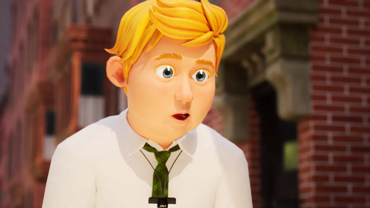 CG close-up of a blond office-worker character in a white shirt and patterned tie on a city street