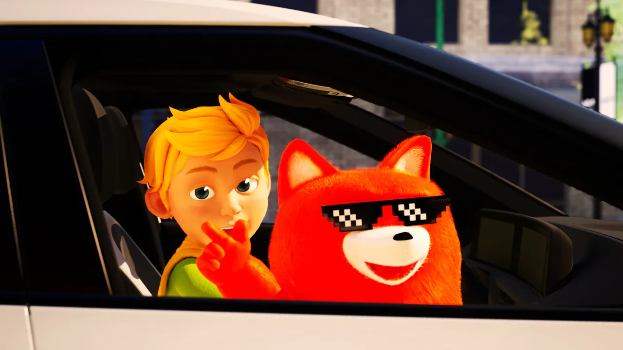 CG close-up of the Little Prince and an orange fox in sunglasses looking out of a car window