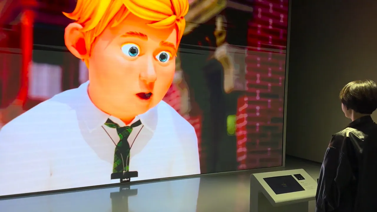 Large LED wall showing a close-up of the CG office-worker character, with a visitor standing at a kiosk beside it