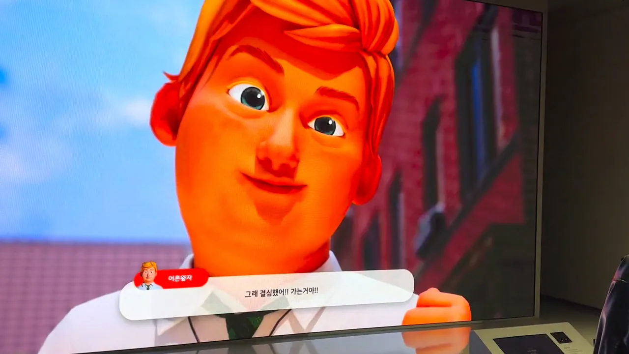 LED wall close-up of the office-worker character smiling, with an on-screen name tag and speech bubble reading his decision to go, and the kiosk in the foreground
